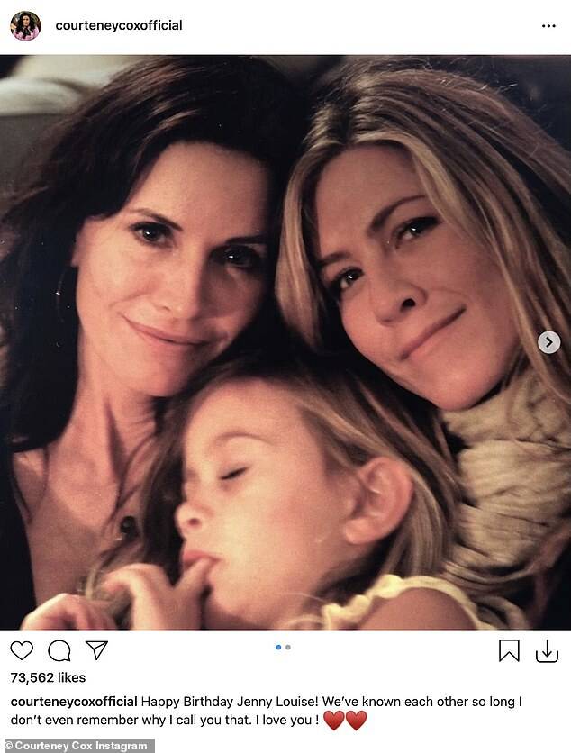 'I love you!' The slideshow included a photo of the women snuggling beside Courteney's young daughter Coco, who slumbered with a finger in her mouth (Photo: Instagram)