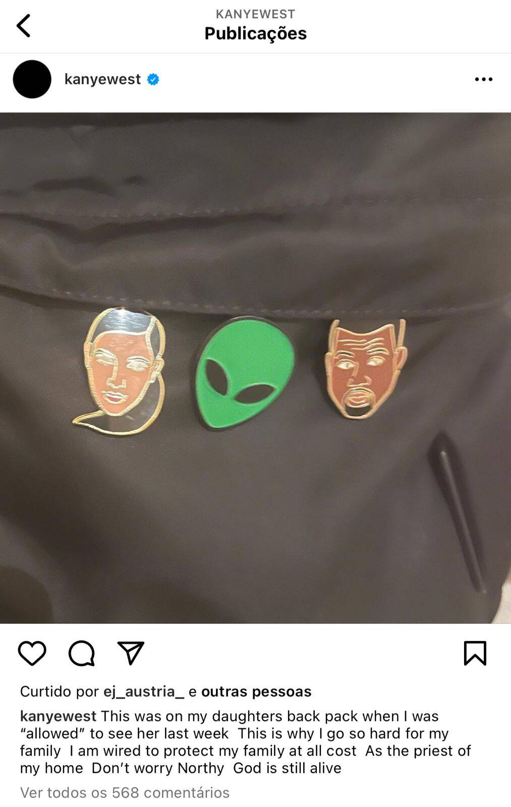  Ye made a new post on Instagram condemning the use of brooches in his children’s backpacks. (Photo: Instagram)