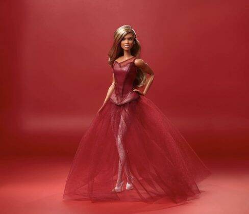 The doll is inspired by one of Cox's red carpet looks. (Photo: Mattel release)