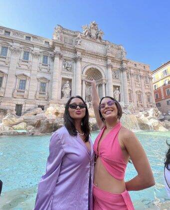 “Yesterday my life was more monotonous, now everything is technicolor,” Hudgens wrote in a photo with Stella at the trevi fountain. (Photo: Instagram release)