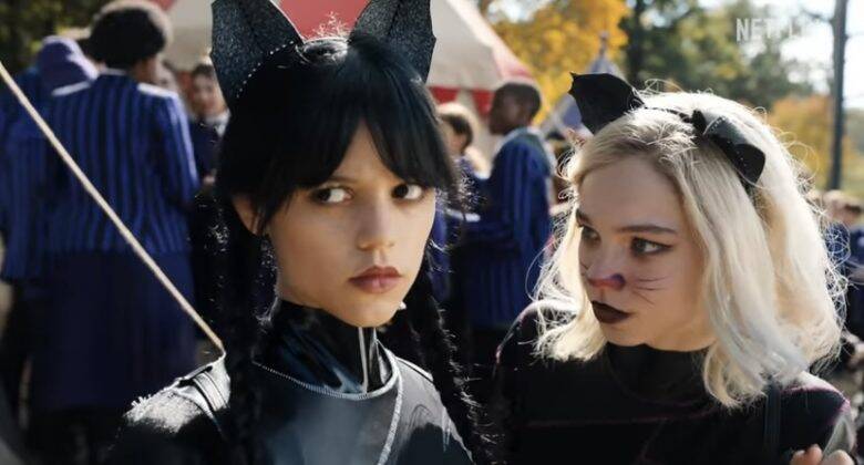 In addition to Jenna Ortega, the cast includes Catherine Zeta-Jones as Morticia, Luiz Guzmán as Gomez, Isaac Ordonez as Pugsley Addams and Gwendoline Christie as Larissa Weems. “Wednesday” premieres later this year. (Photo: Netflix release)