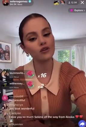 Selena Gomez did in a TikTok live video to ask her fans to be kind. The statement came shortly after Hailey Bieber exposed the hateful comments she received from the actress' fans when she married Justin Bieber, Selena's ex-boyfriend. (Photo: TikTok release)