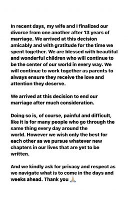 he Tampa Bay Buccaneers quarterback also spoke about the divorce reiterating the model's lines and added: "Doing so is, of course, painful and difficult, like it is for many people who go through the same thing every day around the world. However, we wish the best for each other as we pursue whatever new chapters in our lives that are yet to be written," Brady wrote on his Instagram. (Photo: Instagram release)