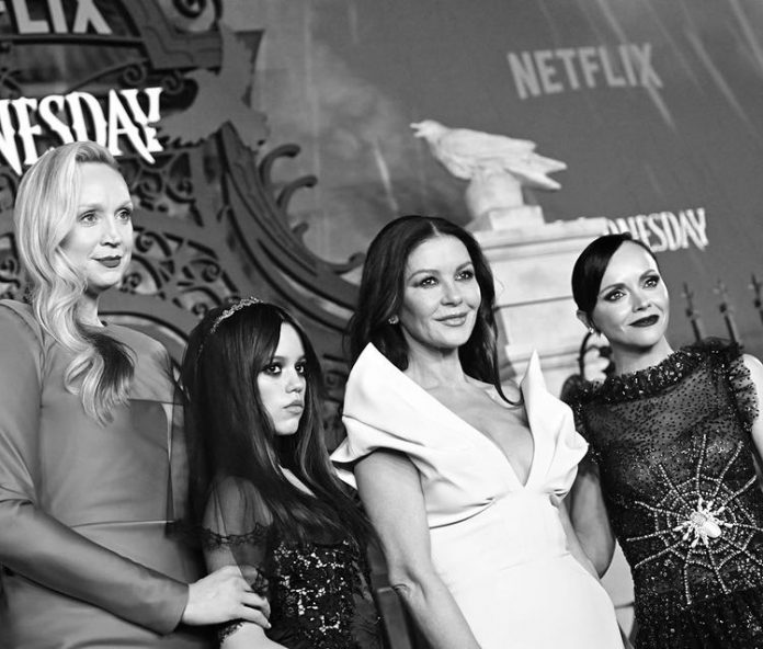 The first season featured an all-star cast including Jenna Ortega, Gwendoline Christie, Percy Hynes White, Emma Myers, Hunter Doohan, Joy Sunday, Christina Ricci and Catherine Zeta-Jones, and Luis Guzmán. (Photo: Instagram)