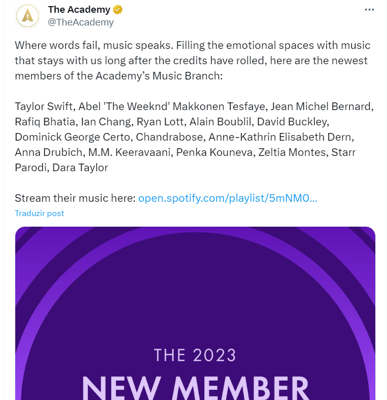 "In the words that fail, music expresses itself. Filling the emotional spaces with melodies that echo far beyond the closing credits, we introduce the newest members of the Academy's Musical Branch," stated the Academy's social media profile. (Photo:Twitter)