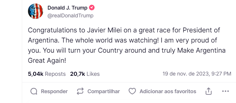 “Congratulations to Javier Milei on his remarkable candidacy for president of Argentina. The whole world was watching! I am extremely proud of you. You will transform your country and truly make Argentina great again,” Trump wrote on Truth Social. (Photo:Twitter)