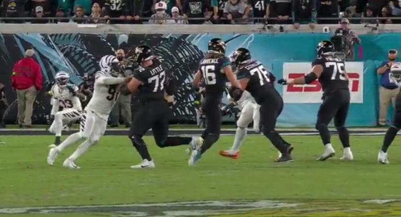 The Jaguars quarterback's right leg was bent awkwardly and he immediately fell to the turf, needing help to get off the field.(Photo: X)